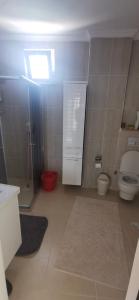 Elle comprend une petite salle de bains pourvue de toilettes et d'une fenêtre. dans l'établissement Deniz manzaralı dublex daire, à Trabzon