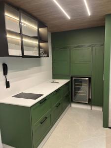 克里西烏馬的住宿－Hub Home - Vista Incrível，厨房配有绿色橱柜和白色台面