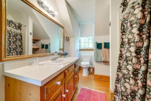 a bathroom with a sink and a toilet and a mirror at Terre Haute Manor Farmhouse with Gardens and Deck! in Midlothian