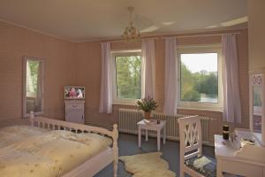 a bedroom with a bed and two windows at Hotel Seelust in Hennstedt