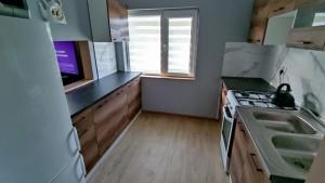 uma pequena cozinha com um fogão e um lavatório em Ranczo Bieszczady duży Domek z Jacuzzi i Sauną em Mrzygłód