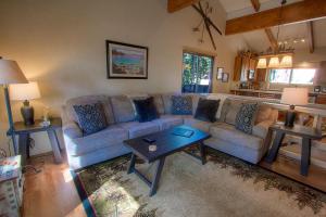 uma sala de estar com um sofá e uma mesa em Cozy Bear Lodge home em Incline Village