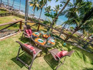 a table and chairs on a lawn with the beach at Villa Caribeña in Las Galeras