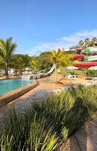 um resort com piscina, barcos e palmeiras em São Pedro Resort em Piracicaba