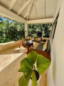 sala de estar con sofá y palmera en Casa Jasmin~7000 m2 of tropical garden, en Las Terrenas