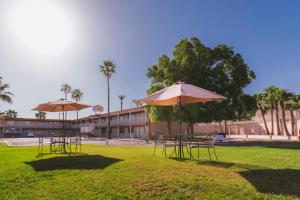 2 Tische und Stühle mit Sonnenschirmen in einem Park in der Unterkunft El Camino Hotel & Suites in Heroica Caborca