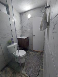 baño con aseo y puerta de ducha de cristal en Encantador y Confortable Apartamento, en Neiva