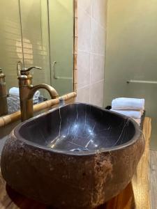 baño con lavabo grande de piedra con grifo en Natalie's Villa & Resort, en Mộc Châu