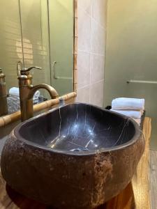 La salle de bains est pourvue d'un grand lavabo en pierre avec un robinet. dans l'établissement Natalie's Villa & Resort Moc Chau, à Mộc Châu