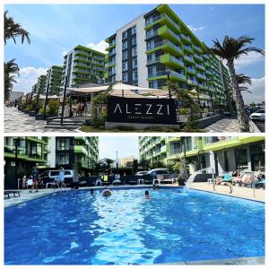 dos fotos de una piscina frente a un edificio en Beach Resort Studio Fitness-spa-pool en Mamaia-Sat