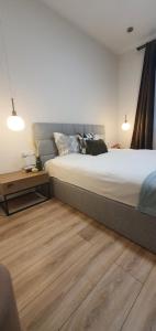 1 dormitorio con 1 cama grande y suelo de madera en Julia's home, en TÄƒuÅ£ii MÄƒgheruÅŸ