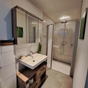 La salle de bains est pourvue d'un lavabo et d'une douche. dans l'établissement Ferienwohnung Muota, à Muotathal