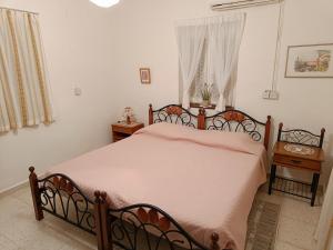 a bedroom with a bed with a pink comforter at The Grapevine Guest House in Paphos