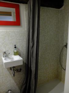 a bathroom with a sink and a shower with a shower curtain at La Maison du Voyageur in Les Ilhes