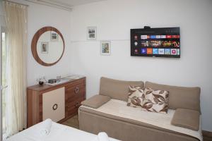 - un salon avec un canapé et une télévision murale dans l'établissement Apartmani Budimčić, à Trebinje