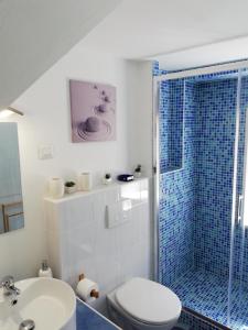 a bathroom with a shower and a toilet and a sink at Apartment Vrbenka in Vrbnik