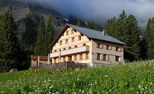 een groot huis op een heuvel in een veld bij Edelweiß am Öberle in Au im Bregenzerwald