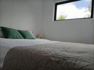 Un dormitorio con una cama con almohadas verdes y una ventana en Tiny Village Mamaia Nord - House 1 en Mamaia-Sat