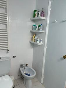 y baño con aseo, ducha y lavamanos. en Apartamento Vacacional en Platja D'Aro, en S'Agaró
