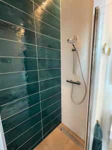 a shower in a bathroom with green tiles at Bed & Beach Amsterdam in Amsterdam