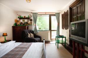 1 dormitorio con 1 cama, TV y silla en Casa cu Amintiri, en Bran
