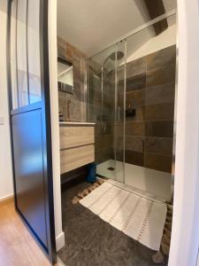 a bathroom with a shower and a glass door at Au Bien Hêtre in Futeau