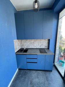 a blue kitchen with a sink and blue cabinets at Villa Residence Apartment2 in Tbilisi City +5 photos