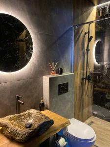 La salle de bains est pourvue d'une douche, de toilettes et d'un lavabo. dans l'établissement Under_sky_slavske, à Slavsko