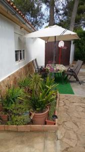 um pátio com um guarda-chuva e uma mesa com plantas em Casa Tena em Partida de La Cañada
