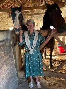 a woman standing next to a horse behind a fence at La Grange Terrou in Saint-Germain-de-Confolens
