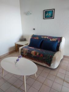 a living room with a couch and a table at Studio cabine 4 personnes vue jardin dans residence avec piscine in Sète