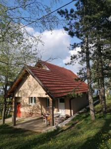 uma casa com um telhado vermelho e algumas árvores em SIMIĆ planinska kuća em Divčibare
