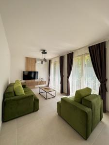 a living room with two green couches and a tv at Vertmont Apartments in Sveti Stefan