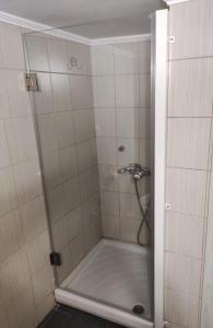 um chuveiro com uma porta de vidro na casa de banho em TRAVELLERS HOUSE em Volos