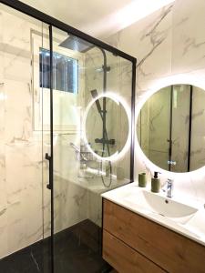 a bathroom with a shower and a sink and a mirror at Sweet apartment near Paris in Vitry-sur-Seine