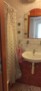 a bathroom with a sink and a shower curtain at Apartman Branka in Omiš +24 photos