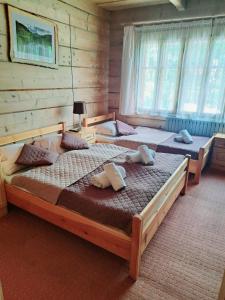 ポロニンにあるWilla Pod Jesionemの木製の壁のベッドルームにツインベッド2台が備わります。