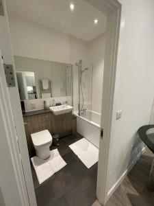 een badkamer met een toilet, een douche en een wastafel bij 1 bed apartment in the heart of Staines town centre in Staines upon Thames