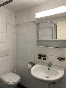 a white bathroom with a toilet and a sink at Family Home - 3 Bedroom - 30 in Wilderswil
