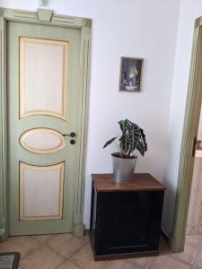 une porte verte avec une plante en pot au-dessus d'une armoire dans l'établissement Il Casale la Lupa, à Nunziata