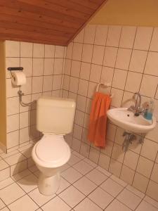 ein Bad mit einem WC und einem Waschbecken in der Unterkunft Bonita Apartman in Balatonberény