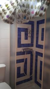 a bathroom with a shower with blue and white tiles at Le Mas Franc in Enveitg