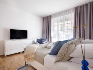 1 dormitorio con 1 cama, TV y ventana en Tyzenhauz Villas en Cracovia
