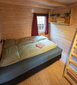 a bed in a log cabin with a window at Cabin near the lake in Årset