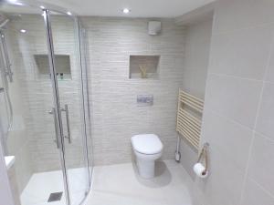 een badkamer met een toilet en een glazen douche bij 3TheDome - Luxury Ground Floor Apartment opposite the Beach, Barton on Sea in Barton on Sea