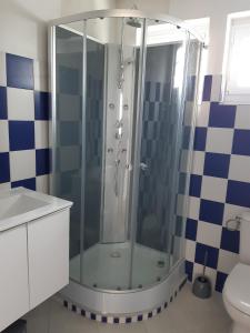 a shower in a bathroom with blue and white tiles at Maison bord de mer Penmarch in Penmarcʼh