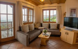 a living room with a couch and a television at Schwarzplatterhof in Merano