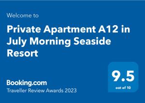 Un certificat, premiu, logo sau alt document afișat la Private Apartment A12 in July Morning Seaside Resort