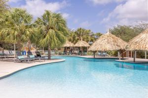 a swimming pool with chairs and straw umbrellas at Morena Resort in Willemstad