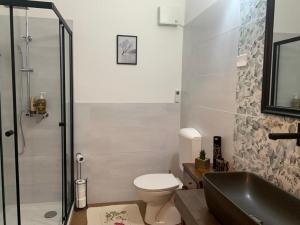 La salle de bains est pourvue d'une douche, de toilettes et d'un lavabo. dans l'établissement L’Oro di Nonna Adele, à Udine